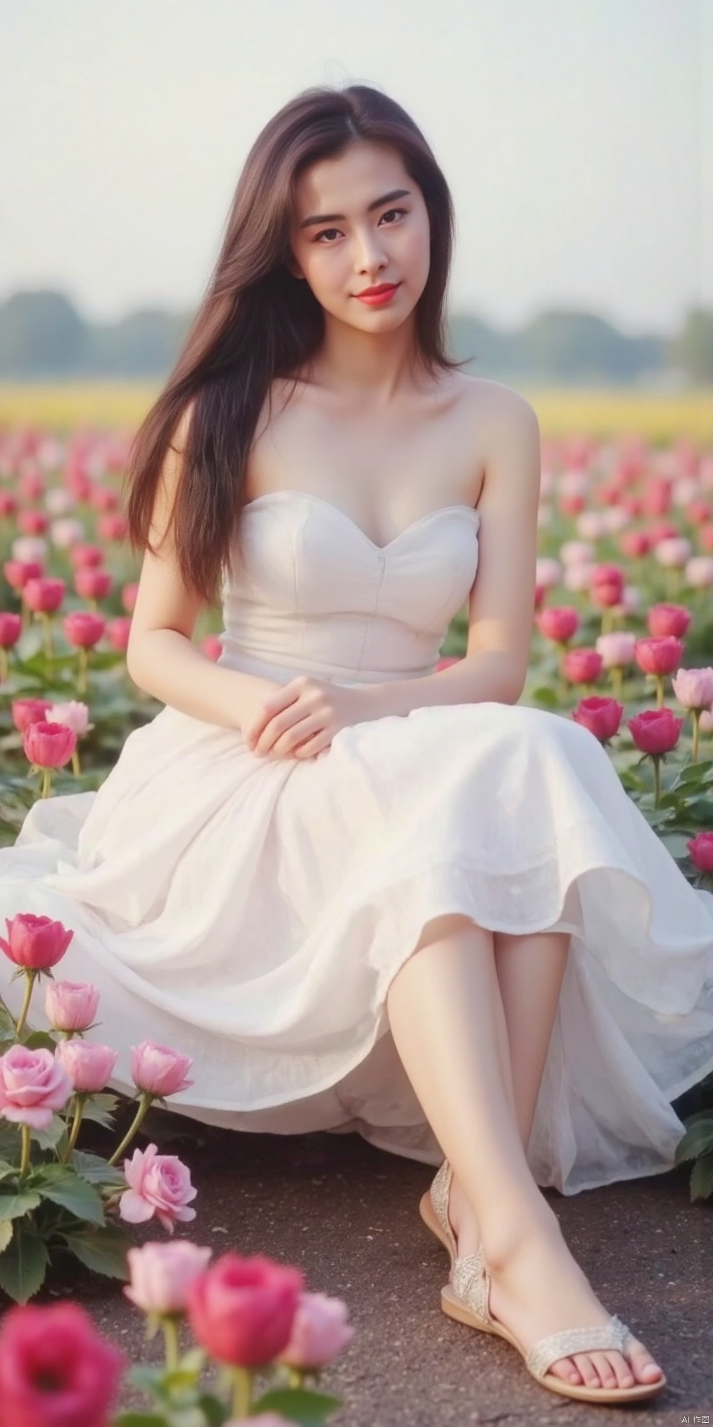 真人肌肤纹理, 4K画质,完美身材,long legs,big_breasts,navel,,(Good structure), DSLR Quality,Depth of field,kind smile,looking_at_viewer,Dynamic pose,, best quality, masterpiece, illustration, (reflection light), incredibly absurdres, ((Movie Poster), (signature:1.3), (English text), 1girl, girl middle of flower, pure sky,clear sky, outside, collarbone, sitting, absurdly long hair, clear boundaries of the cloth, white dress, fantastic scenery, ground of flowers, thousand of flowers, colorful flowers, flowers around her, various flowers,bare shoulders,skirt, sandals,, , weddingdress, ,wangzuxian