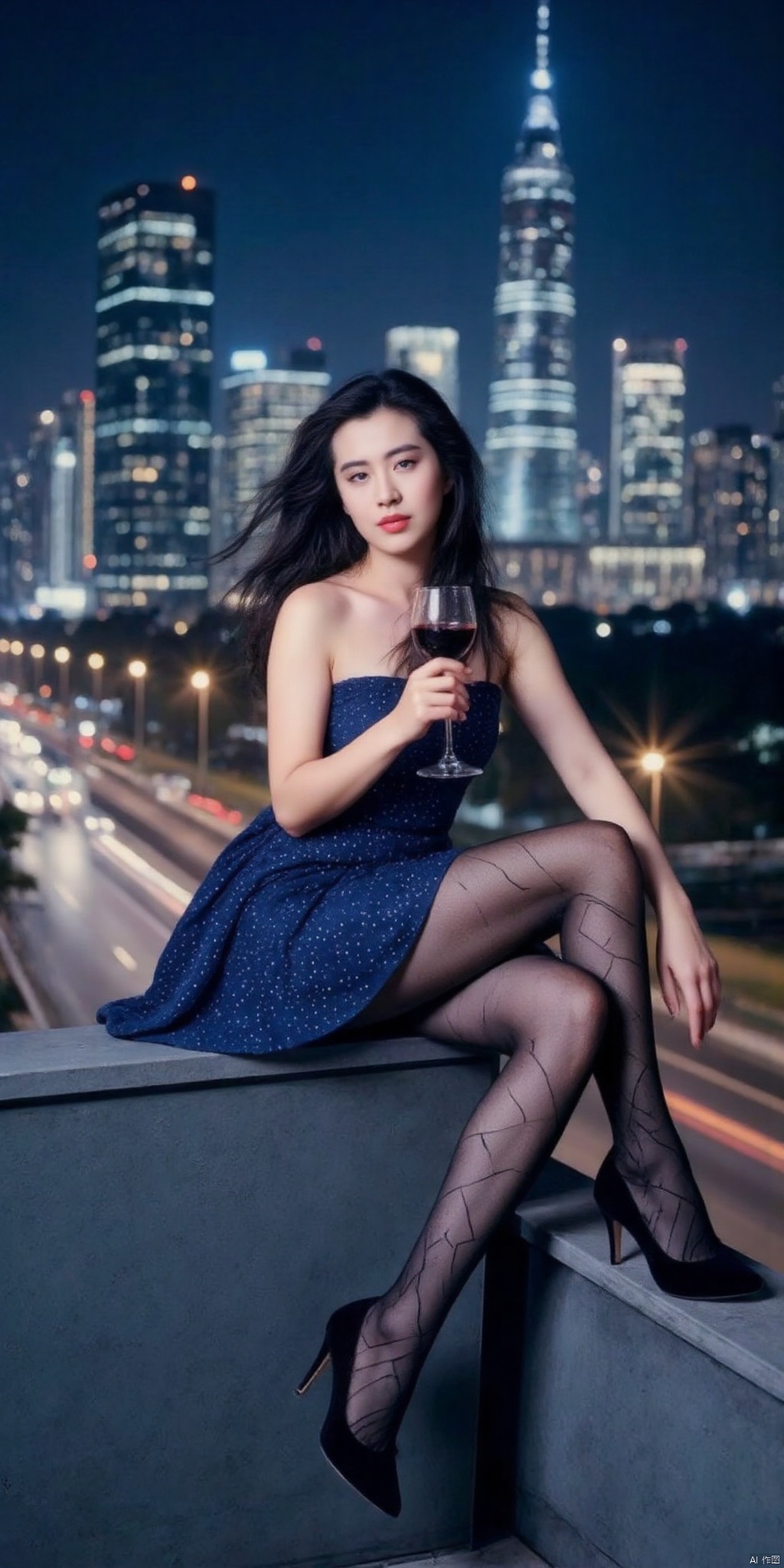 真人肌肤纹理, 4K画质,完美身材,long legs,big_breasts,navel,Movie scenes, works of portrait photography masters, architectural photography, bright night sky, bustling city, neon lights, light and shadow formed by car lights driving fast on the street, 
a young  woman sitting lazily on the roof wall of a skyscraper ,  in front of the camera, wearing a blue low-cut evening dress,Sequin dress ,black hair,high_heels ,one hand holding a glass of wine, one leg bent, the wind on the roof blew the hair and dress.,argyle legwear,star(symbol\),siwa, 