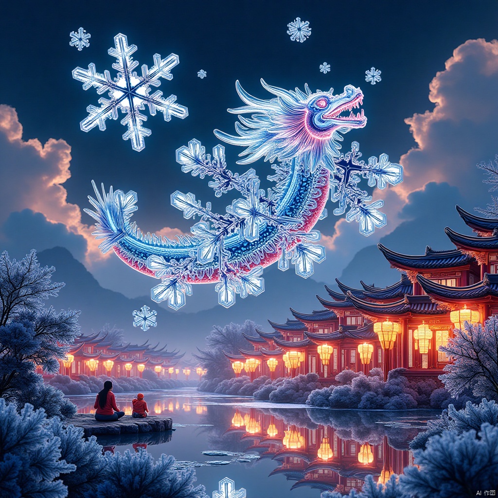 ,雪花,snowflakes,Dot Matrix Hologram,vivid color,(Chinese traditional painting:1.1),rice paddy,water Country scene,light particles,bokeh,glowing 3D objects,no coral,characters,children,live streets,carriages,Guanyin in the sky,dragon,