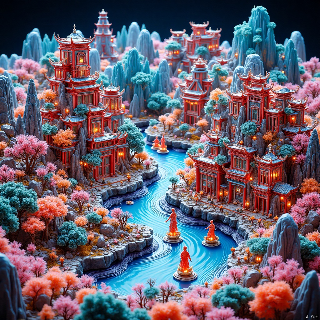 water fall,flowers,(as style,outdoors,trees,mountain),(((masterpiece,best quality))),A taoist in red clothes is by the water's edge,1boy,colorful theme,line art,line style,((clouds)),,雪花,snowflakes,Dot Matrix Hologram,vivid color,(Chinese traditional painting:1.1),rice paddy,water Country scene,light particles,bokeh,glowing 3D objects,no coral,characters,children,live streets,carriages,Guanyin in the sky,dragon,