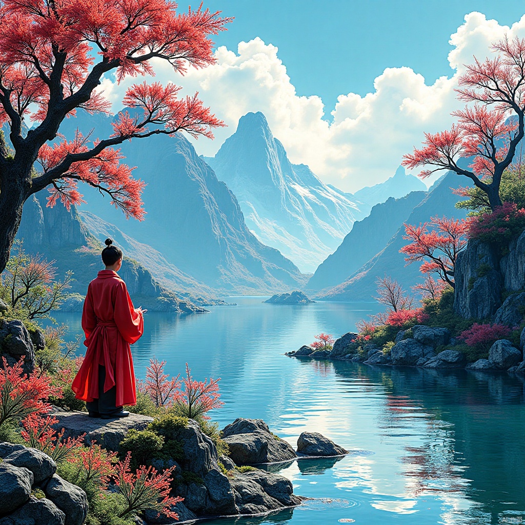 water fall,flowers,(as style,outdoors,trees,mountain),(((masterpiece,best quality))),A taoist in red clothes is by the water's edge,1boy,colorful theme,line art,line style,((clouds)),,雪花,snowflakes,Dot Matrix Hologram,vivid color,(Chinese traditional painting:1.1),rice paddy,water Country scene,light particles,bokeh,glowing 3D objects,no coral,characters,children,live streets,carriages,Guanyin in the sky,dragon,