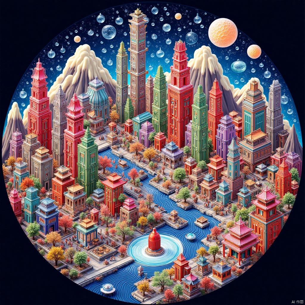 water fall,flowers,(as style,outdoors,trees,mountain),(((masterpiece,best quality))),A taoist in red clothes is by the water's edge,1boy,colorful theme,line art,line style,((clouds)),,雪花,snowflakes,Dot Matrix Hologram,vivid color,(Chinese traditional painting:1.1),rice paddy,water Country scene,light particles,bokeh,glowing 3D objects,no coral,characters,children,live streets,carriages,Guanyin in the sky,dragon,