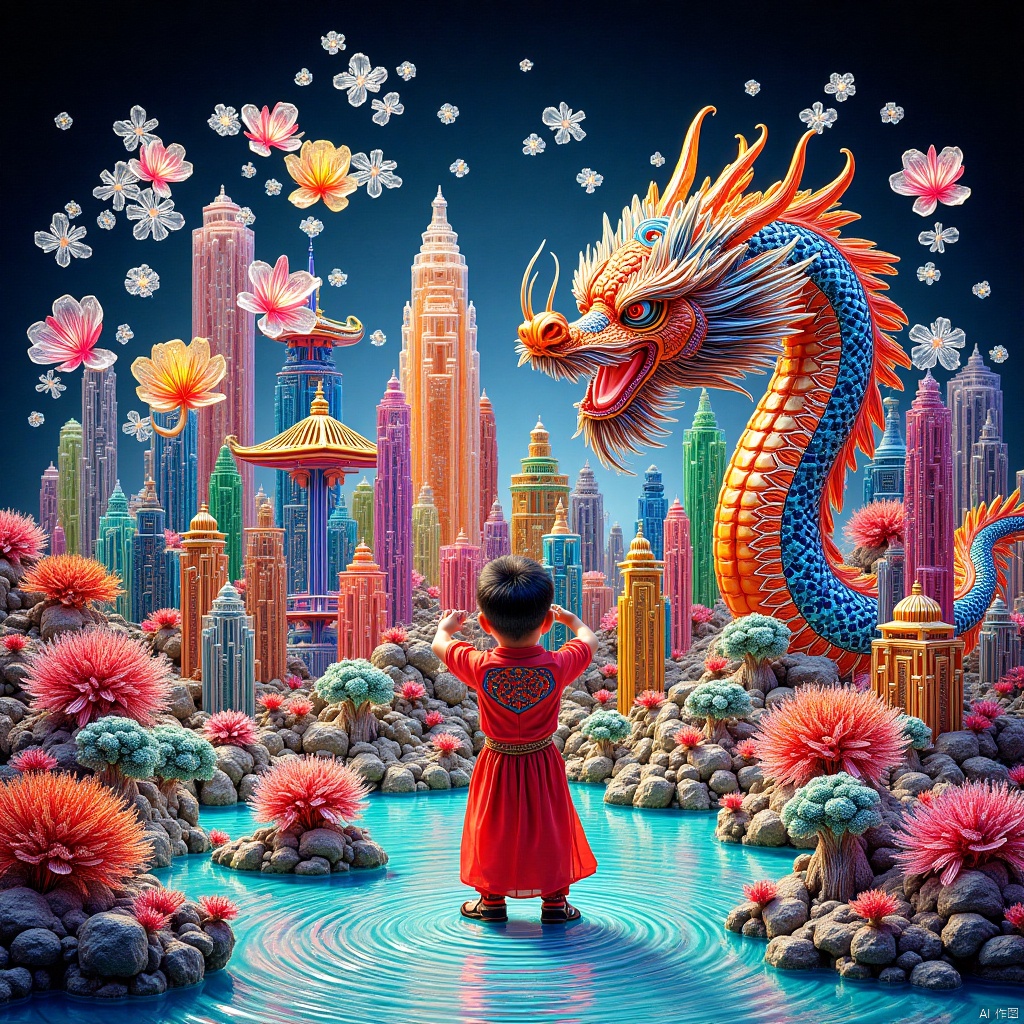 water fall,flowers,(as style,outdoors,trees,mountain),(((masterpiece,best quality))),A taoist in red clothes is by the water's edge,1boy,colorful theme,line art,line style,((clouds)),,雪花,snowflakes,Dot Matrix Hologram,vivid color,(Chinese traditional painting:1.1),rice paddy,water Country scene,light particles,bokeh,glowing 3D objects,no coral,characters,children,live streets,carriages,Guanyin in the sky,dragon,