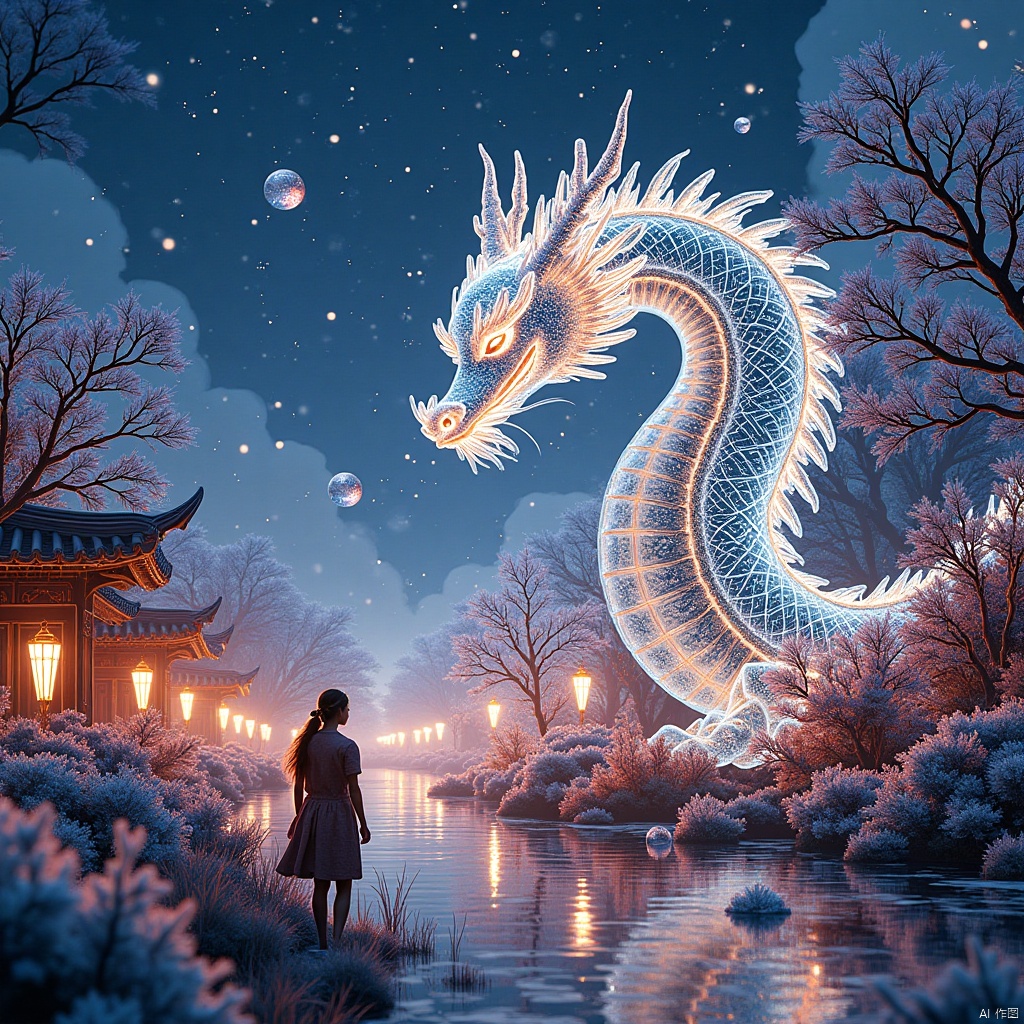 ,雪花,snowflakes,Dot Matrix Hologram,vivid color,(Chinese traditional painting:1.1),rice paddy,water Country scene,light particles,bokeh,glowing 3D objects,no coral,characters,children,live streets,carriages,Guanyin in the sky,dragon,