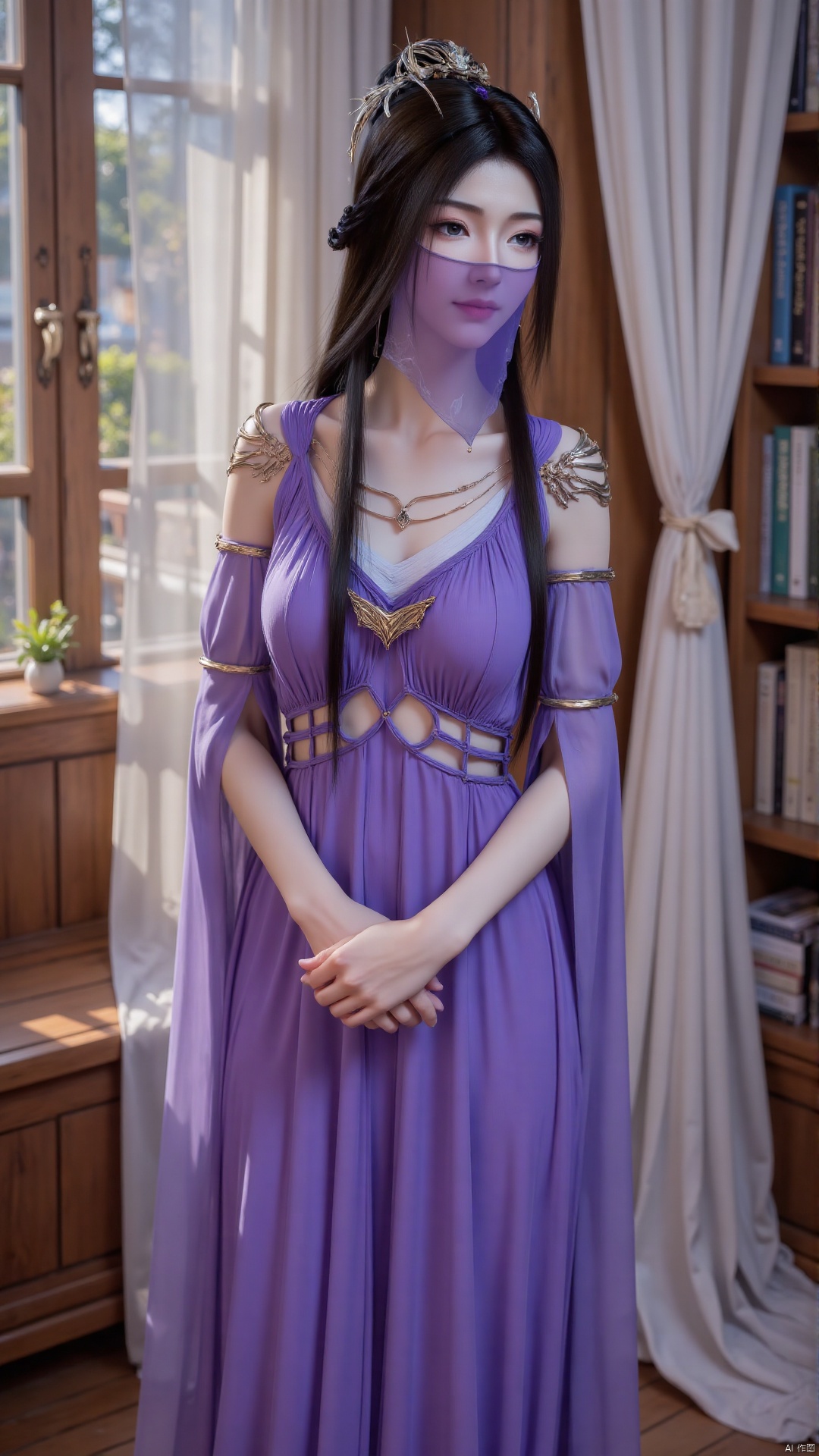 A lady stands in front of the window background. The sunlight shone on her. Tall. She was wearing a purple dress and hair accessories on her head. Wearing a purple veil on his face. Earrings, necklaces, jewelry. Long black hair. Her hair was tied in a ponytail, adding a touch of beauty to the scene. The background is a studio full of natural light, with french window, curtains and bookcases in the background, adding depth to the composition.