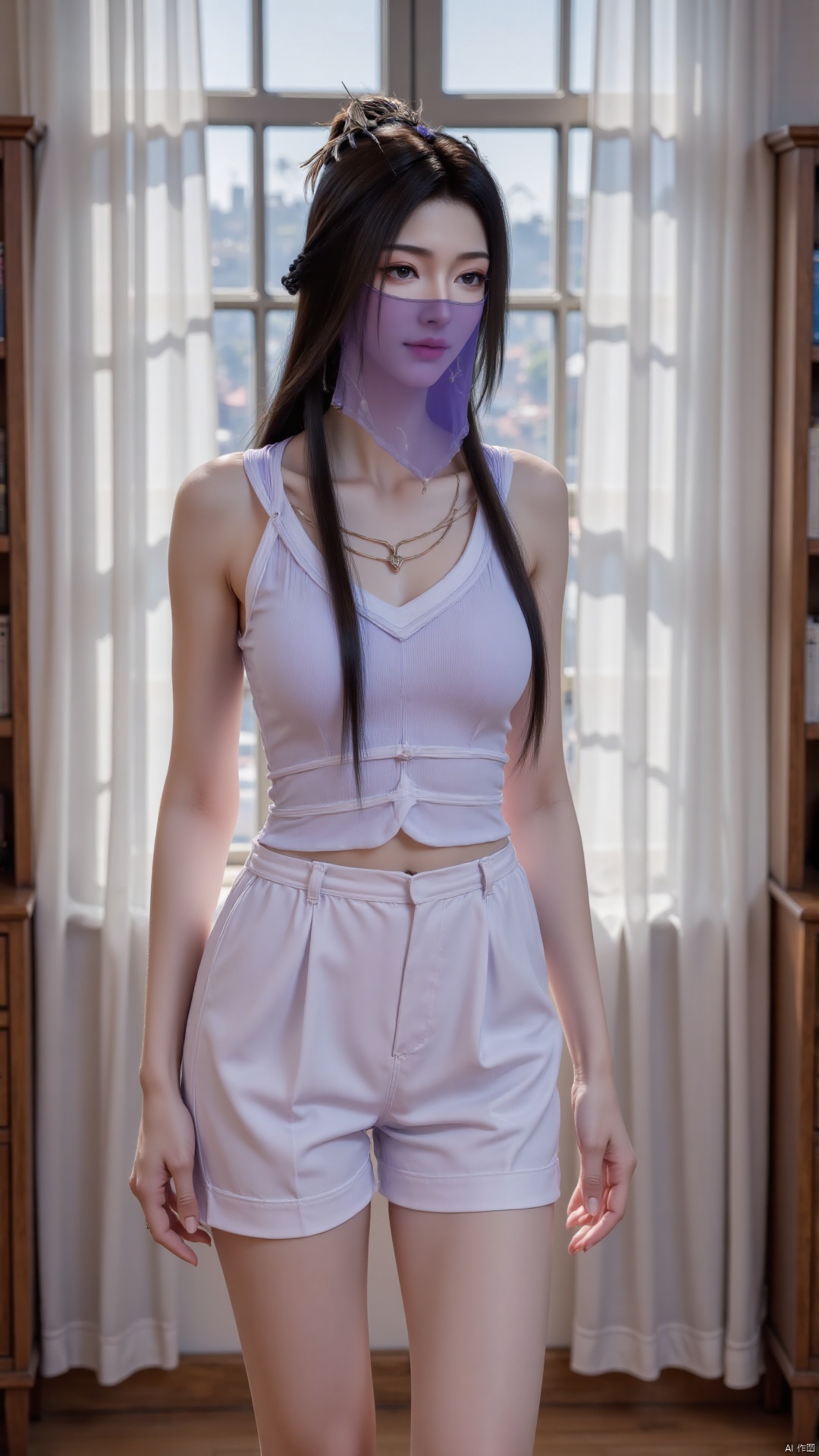 A lady stands in front of the window background. The sunlight shone on her. Tall. She is wearing a white vest and casual shorts, with hair accessories on her head. Wearing a purple veil on his face. Earrings, necklaces, jewelry. Long black hair. Her hair was tied in a ponytail, adding a touch of beauty to the scene. The background is a studio full of natural light, with french window, curtains and bookcases in the background, adding depth to the composition.