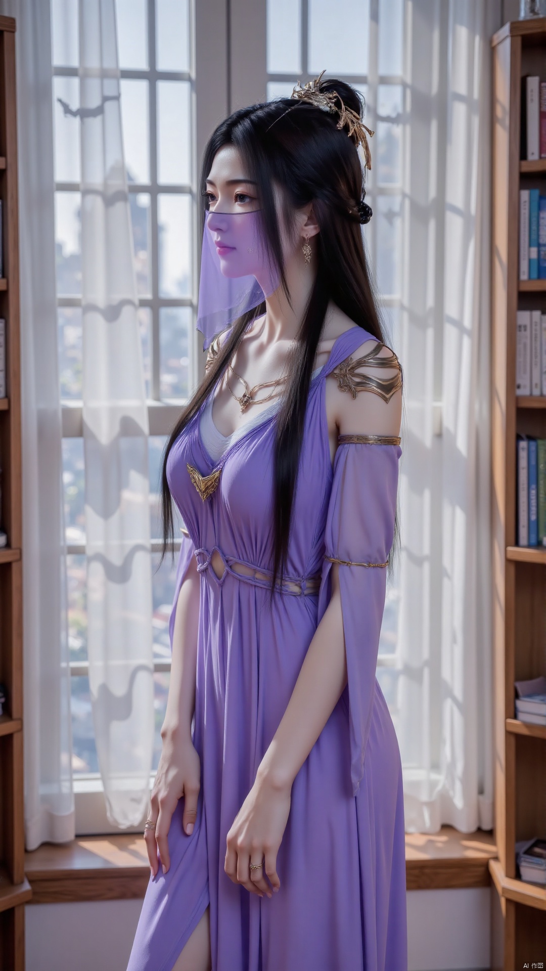 A lady stands in front of the window background. The sunlight shone on her. Tall. She was wearing a purple dress and hair accessories on her head. Wearing a purple veil on his face. Earrings, necklaces, jewelry. Long black hair. Her hair was tied in a ponytail, adding a touch of beauty to the scene. The background is a studio full of natural light, with french window, curtains and bookcases in the background, adding depth to the composition.