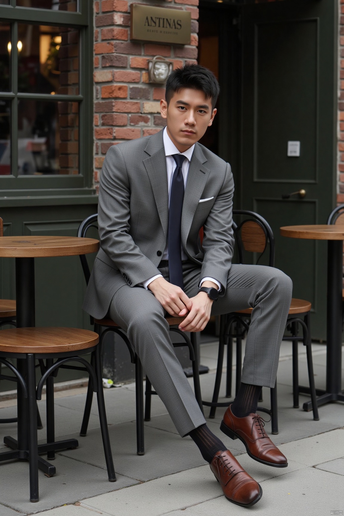 jzns,1man,solo,realistic,male focus,wristwatch, sitting, grey suit,grey pants,black necktie,white shirt,  footwear,black sheer socks, vertical strips socks,brown footwear,cafe, looking at viewer,masterpiece, realistic, best quality, highly detailed,profession,aoinll