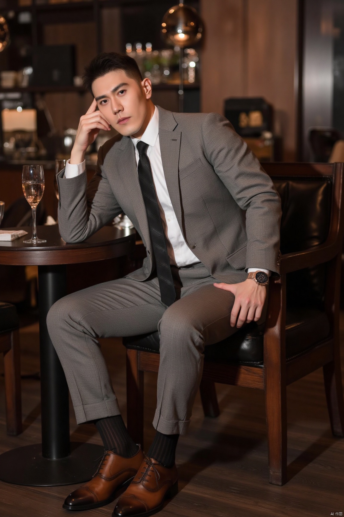 jzns,1man,solo,realistic,male focus,wristwatch, sitting, grey suit,grey pants,black necktie,white shirt,  footwear,black sheer socks, vertical strips socks,brown footwear,cafe, looking at viewer,masterpiece, realistic, best quality, highly detailed,profession,aoinll