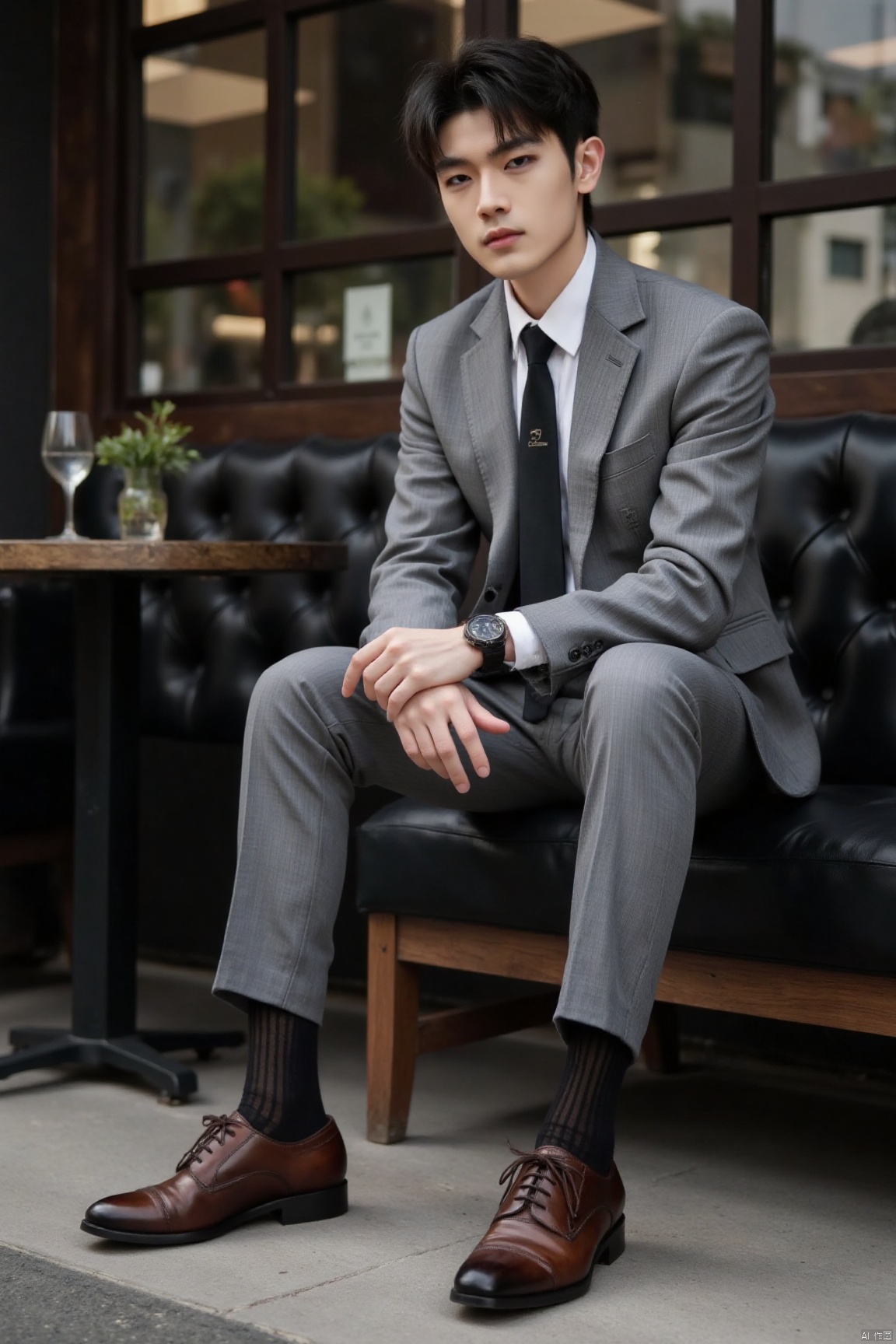 jzns,1man,solo,realistic,male focus,wristwatch, sitting, grey suit,grey pants,black necktie,white shirt,  footwear,black sheer socks, vertical strips socks,brown footwear,cafe, looking at viewer,masterpiece, realistic, best quality, highly detailed,profession,aoinll