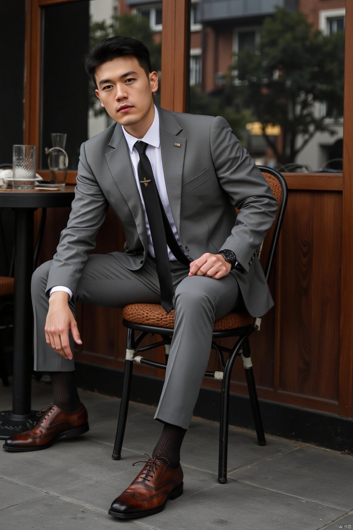jzns,1man,solo,realistic,male focus,wristwatch, sitting, grey suit,grey pants,black necktie,white shirt,  footwear,black sheer socks, vertical strips socks,brown footwear,cafe, looking at viewer,masterpiece, realistic, best quality, highly detailed,profession,aoinll