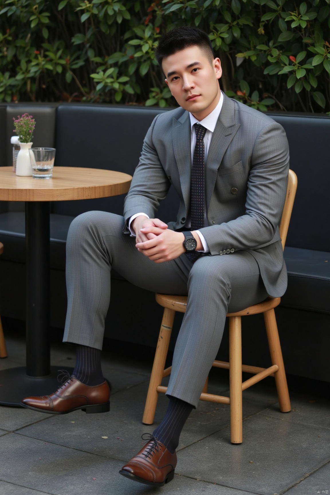 jzns,1man,solo,realistic,male focus,wristwatch, sitting, grey suit,grey pants,black necktie,white shirt,  footwear,black sheer socks, vertical strips socks,brown footwear,cafe, looking at viewer,masterpiece, realistic, best quality, highly detailed,profession,aoinll