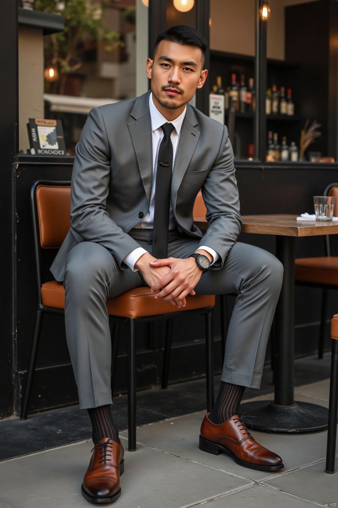 jzns,1man,solo,realistic,male focus,wristwatch, sitting, grey suit,grey pants,black necktie,white shirt,  footwear,black sheer socks, vertical strips socks,brown footwear,cafe, looking at viewer,masterpiece, realistic, best quality, highly detailed,profession,aoinll