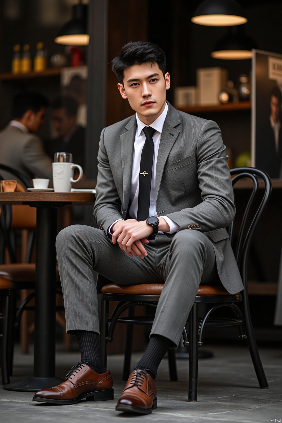 jzns,1man,solo,realistic,male focus,wristwatch, sitting, grey suit,grey pants,black necktie,white shirt,  footwear,black sheer socks, vertical strips socks,brown footwear,cafe, looking at viewer,masterpiece, realistic, best quality, highly detailed,profession,aoinll