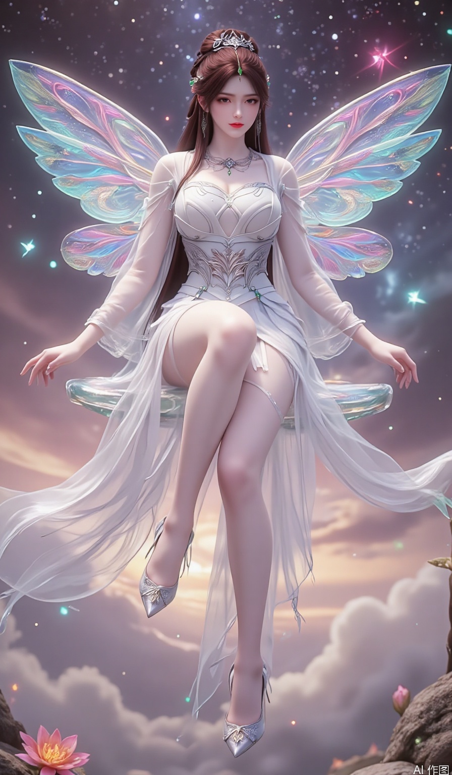 ,1girl,looking_at_viewer,huge_breasts,,long legs,realistic,A captivating fantasy elf portrait set in a surreal, floating garden in the sky. The elf, with iridescent, translucent wings like those of a dragonfly, sits gracefully on a floating crystal lily pad. Her flowing hair shimmers with every color of the rainbow and cascades down, merging with the floating flora around her. Her eyes are deep pools of starlight, and her delicate, silver gown is adorned with tiny, twinkling constellations. The garden is filled with glowing, bioluminescent flowers and whimsical, hovering orbs of light. The backdrop features a swirling nebula sky with vibrant hues of pink and purple, creating a dreamlike, cosmic atmosphere. The portrait combines elements of ethereal beauty and celestial wonder, blending fantasy with a touch of otherworldly magic.,high_heel,, argyle legwear,star \(symbol\,yeqingxian,brown hair