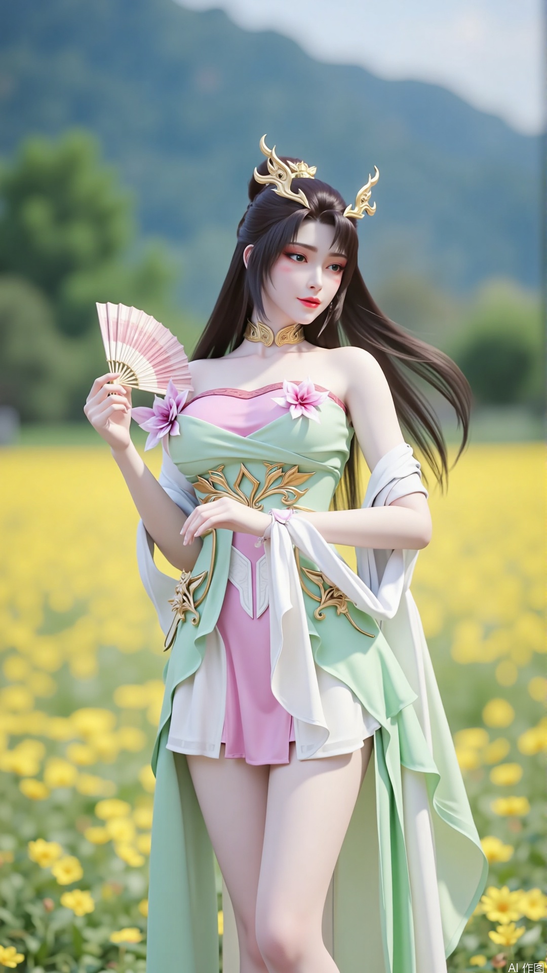 loli,A photograph of an Asian woman in a vibrant, traditional Chinese cheongsam dress featuring pastel hues of green, pink, and white. She gracefully holds a delicate, gold fan, her dark hair intricately styled into buns adorned with pink flowers. She stands confidently in a sunlit field of yellow wildflowers, with a soft, blurred green and blue background. The sunlight casts gentle shadows, enhancing the serene and elegant atmosphere.