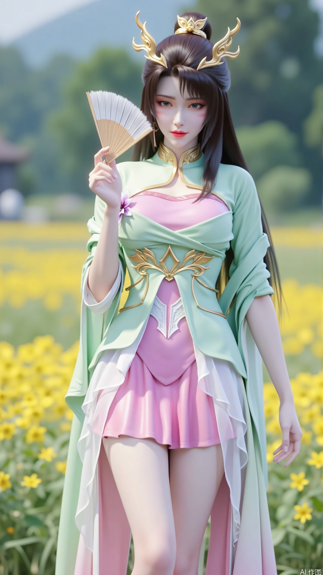 loli,A photograph of an Asian woman in a vibrant, traditional Chinese cheongsam dress featuring pastel hues of green, pink, and white. She gracefully holds a delicate, gold fan, her dark hair intricately styled into buns adorned with pink flowers. She stands confidently in a sunlit field of yellow wildflowers, with a soft, blurred green and blue background. The sunlight casts gentle shadows, enhancing the serene and elegant atmosphere.