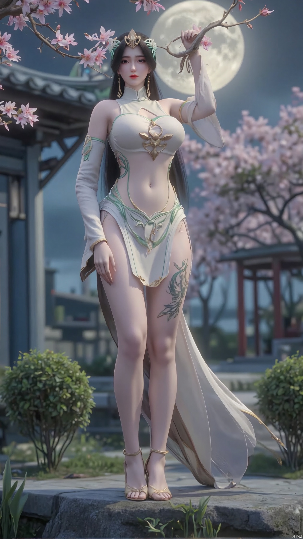 Against the moonlit backdrop of the royal garden,  a girl with long,  straight black hair stood on Tensor.Art
