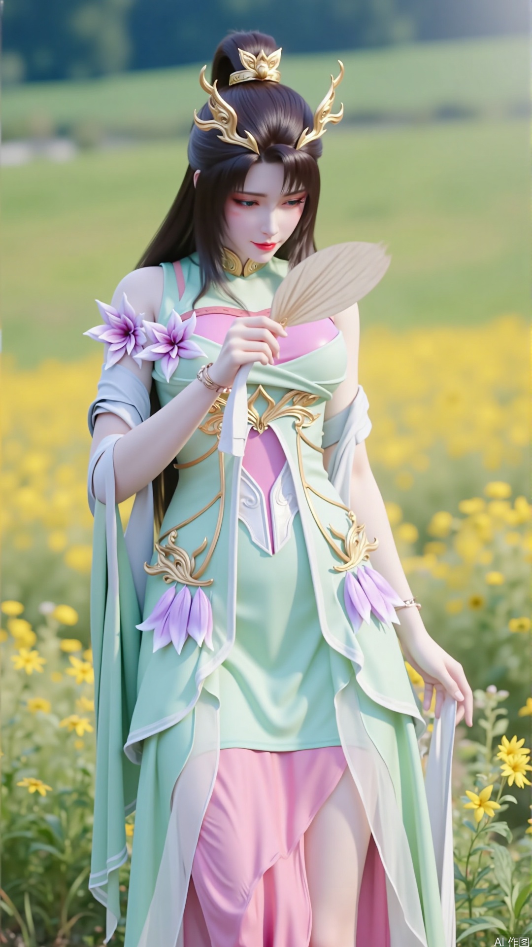 loli,A photograph of an Asian woman in a vibrant, traditional Chinese cheongsam dress featuring pastel hues of green, pink, and white. She gracefully holds a delicate, gold fan, her dark hair intricately styled into buns adorned with pink flowers. She stands confidently in a sunlit field of yellow wildflowers, with a soft, blurred green and blue background. The sunlight casts gentle shadows, enhancing the serene and elegant atmosphere.