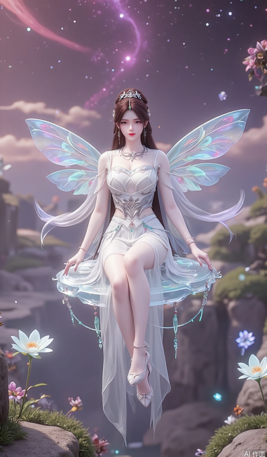 ,1girl,looking_at_viewer,huge_breasts,,long legs,realistic,A captivating fantasy elf portrait set in a surreal, floating garden in the sky. The elf, with iridescent, translucent wings like those of a dragonfly, sits gracefully on a floating crystal lily pad. Her flowing hair shimmers with every color of the rainbow and cascades down, merging with the floating flora around her. Her eyes are deep pools of starlight, and her delicate, silver gown is adorned with tiny, twinkling constellations. The garden is filled with glowing, bioluminescent flowers and whimsical, hovering orbs of light. The backdrop features a swirling nebula sky with vibrant hues of pink and purple, creating a dreamlike, cosmic atmosphere. The portrait combines elements of ethereal beauty and celestial wonder, blending fantasy with a touch of otherworldly magic.,high_heel,, argyle legwear,star \(symbol\,yeqingxian,brown hair