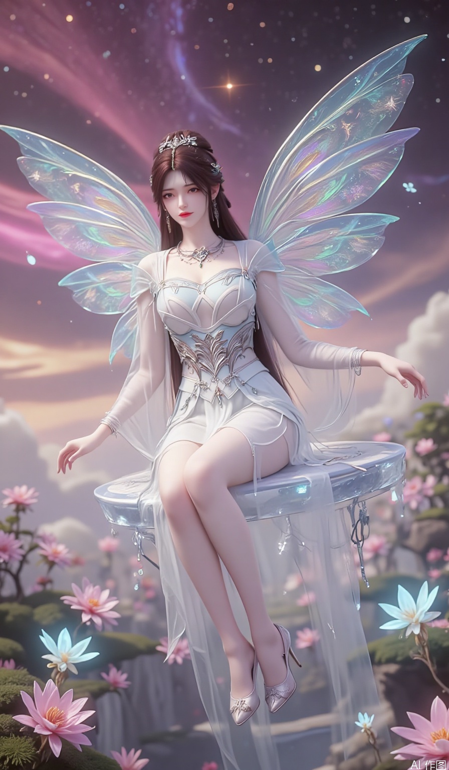 ,1girl,looking_at_viewer,huge_breasts,,long legs,realistic,A captivating fantasy elf portrait set in a surreal, floating garden in the sky. The elf, with iridescent, translucent wings like those of a dragonfly, sits gracefully on a floating crystal lily pad. Her flowing hair shimmers with every color of the rainbow and cascades down, merging with the floating flora around her. Her eyes are deep pools of starlight, and her delicate, silver gown is adorned with tiny, twinkling constellations. The garden is filled with glowing, bioluminescent flowers and whimsical, hovering orbs of light. The backdrop features a swirling nebula sky with vibrant hues of pink and purple, creating a dreamlike, cosmic atmosphere. The portrait combines elements of ethereal beauty and celestial wonder, blending fantasy with a touch of otherworldly magic.,high_heel,, argyle legwear,star \(symbol\,yeqingxian,brown hair