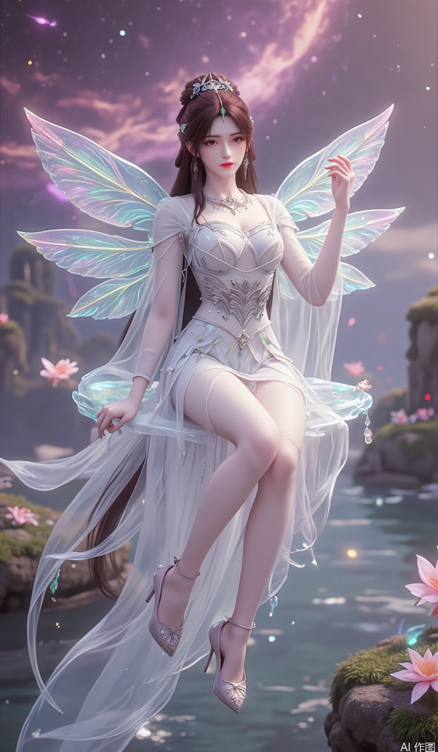 ,1girl,looking_at_viewer,huge_breasts,,long legs,realistic,A captivating fantasy elf portrait set in a surreal, floating garden in the sky. The elf, with iridescent, translucent wings like those of a dragonfly, sits gracefully on a floating crystal lily pad. Her flowing hair shimmers with every color of the rainbow and cascades down, merging with the floating flora around her. Her eyes are deep pools of starlight, and her delicate, silver gown is adorned with tiny, twinkling constellations. The garden is filled with glowing, bioluminescent flowers and whimsical, hovering orbs of light. The backdrop features a swirling nebula sky with vibrant hues of pink and purple, creating a dreamlike, cosmic atmosphere. The portrait combines elements of ethereal beauty and celestial wonder, blending fantasy with a touch of otherworldly magic.,high_heel,, argyle legwear,star \(symbol\,yeqingxian,brown hair