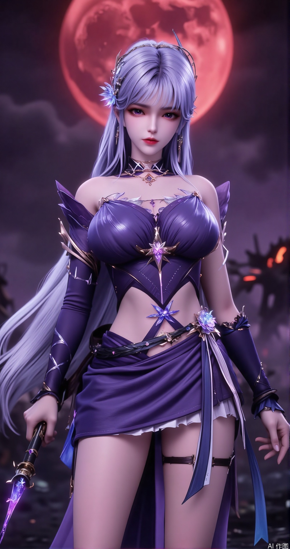 `Saint Cai'er, full-body dynamic pose, dark fantasy Chinese anime style, ultra HD 8K cinematic rendering, silver hair with violet highlights, glowing purple eyes, pale skin with cursed veins, black crop-top armor, translucent layered skirt with motion blur, metallic death rune greaves, massive obsidian scythe with ghostly flames, phantom blood chains, shattered battlefield, crimson moonlight, Demon God Emperor Feng Xiu spectral projection, glowing abdomen with blue system holograms, broken魔族corpses, white silk dragon bracelet, tear-shaped ruby collarbone, dynamic wind effects, particle disintegration, mid-air assassination stance, Unreal Engine 5 realism, hyper-detailed textures, volumetric purple rim lighting, black/dark purple color scheme, blood-red energy accents, ethereal blue interface grids`