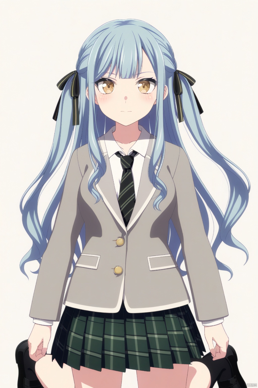 solo,standing,upper_body,togawa sakiko,long hair,bangs,ribbon,hair ribbon,black ribbon,two side up,blue hair,grey hair,sidelocks,blunt bangs,yellow eyes
skirt,shirt,long sleeves,school uniform,jacket,pleated skirt,necktie,shoes,black footwear, kneehighs,plaid skirt,green skirt,black socks,loafers, grey jacket