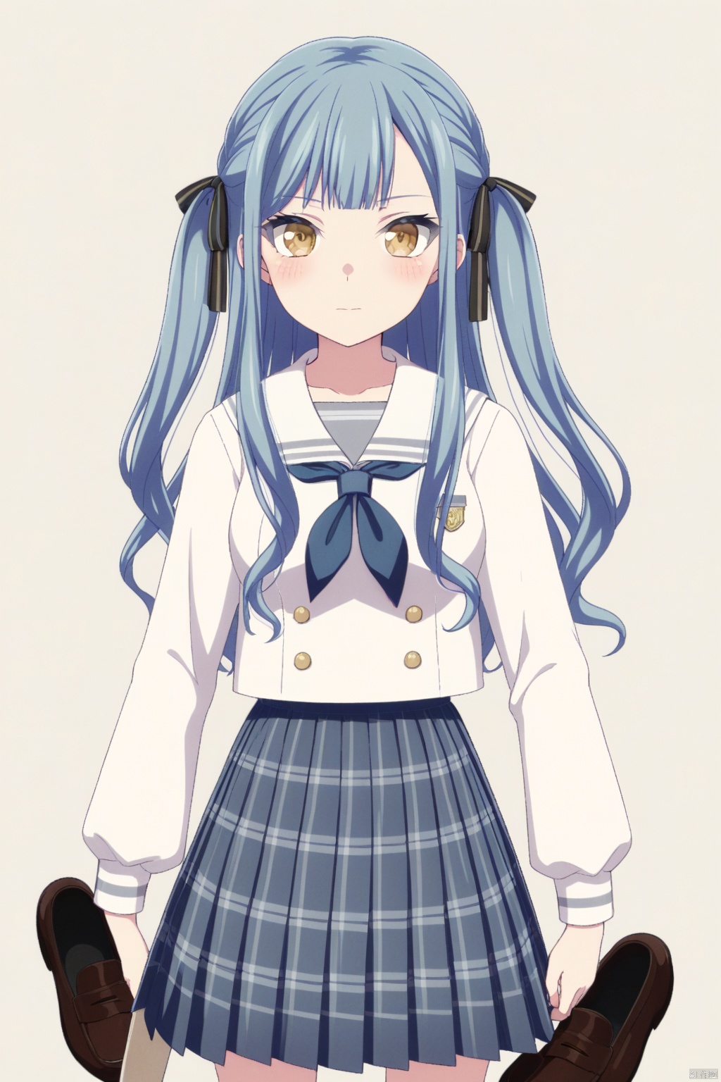 solo,standing,upper_body,togawa sakiko,long hair,bangs,ribbon,hair ribbon,black ribbon,two side up,blue hair,grey hair,sidelocks,blunt bangs,yellow eyes
skirt, shirt,long sleeves,school uniform,serafuku,bowtie,sailor collar,plaid skirt,double-breasted,dress,pleated skirt,shoes,serafuku,socks,neckerchief,kneehighs,brown footwear,black socks,loafers,white sailor collar,blue neckerchief, navy blue school uniform with a white collar