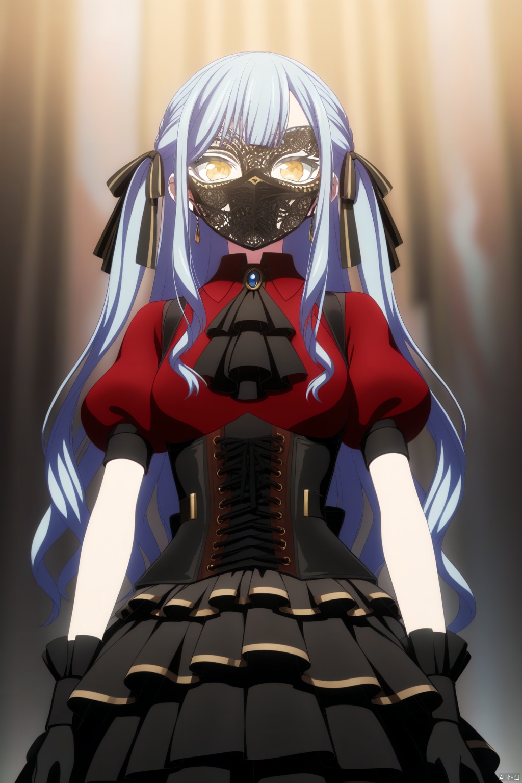 solo,standing,upper_body,togawa sakiko,long hair,bangs,ribbon,hair ribbon,black ribbon,two side up,blue hair,grey hair,sidelocks,blunt bangs,yellow eyes
short sleeves, black gloves,red collared shirt,puffy sleeves, jewelry,black dress,layered skirt, black_mask,puffy short sleeves,black ascot,gold_trim