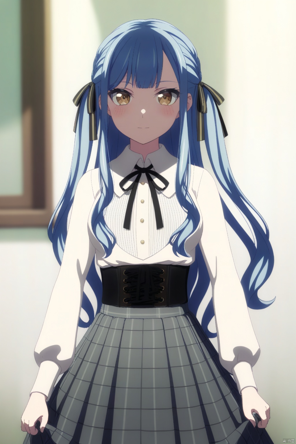 solo,standing,upper_body,togawa sakiko,long hair,bangs,ribbon,hair ribbon,black ribbon,two side up,blue hair,grey hair,sidelocks,blunt bangs,yellow eyes
skirt,shirt,long sleeves,neck ribbon,plaid skirt,grey skirt,high-waist skirt