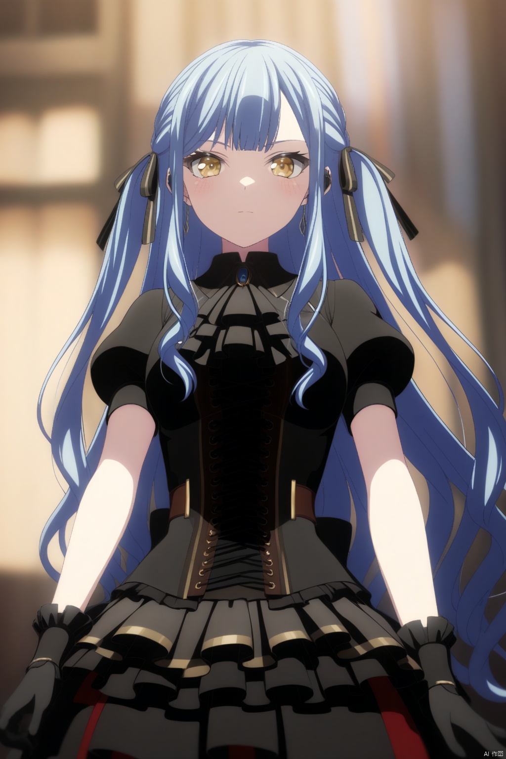 solo,standing,upper_body,togawa sakiko,long hair,bangs,ribbon,hair ribbon,black ribbon,two side up,blue hair,grey hair,sidelocks,blunt bangs,yellow eyes
short sleeves, black gloves,red collared shirt,puffy sleeves, jewelry,black dress,layered skirt,puffy short sleeves,black ascot,gold_trim