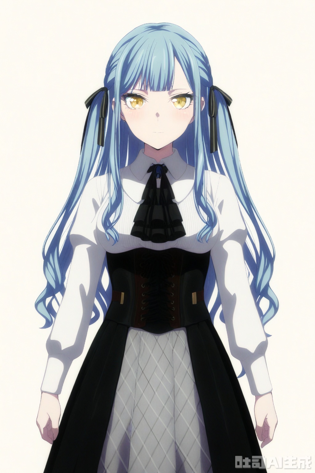 masterpiece, best quality,solo,((white background:1.2)),simple background,
looking at viewer,togawa sakiko,long hair,bangs,ribbon,hair ribbon,black ribbon,two side up,blue hair,grey hair,sidelocks,blunt bangs,yellow eyes