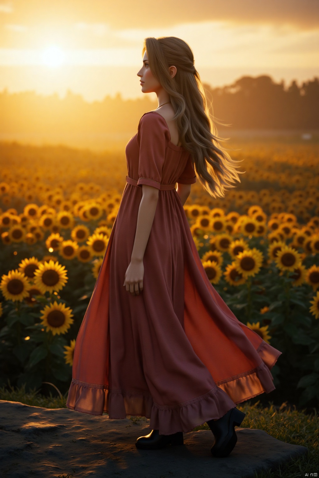 OBbllai, A captivating outdoor photograph of a model with long, flowing hair, wearing a flowing gown, standing on a hilltop overlooking a vast field of sunflowers at sunset. The warm golden light of the setting sun bathes the scene in a magical glow. High resolution, 8k, sunset lighting, hyperrealistic, photorealistic, detailed textures, shallow depth of field, lifestyle photography, advertisement photography, romantic sunset, flowing dress, trending on artstation.,Aerith Gainsborough,