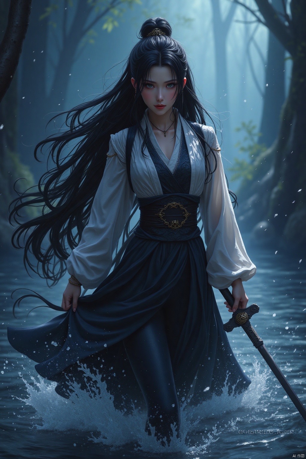 A beautiful Chinese-style girl with long black hair, her eyes are determined, and she holds a long sword in her hand, like a night elf, slowly walking from the water