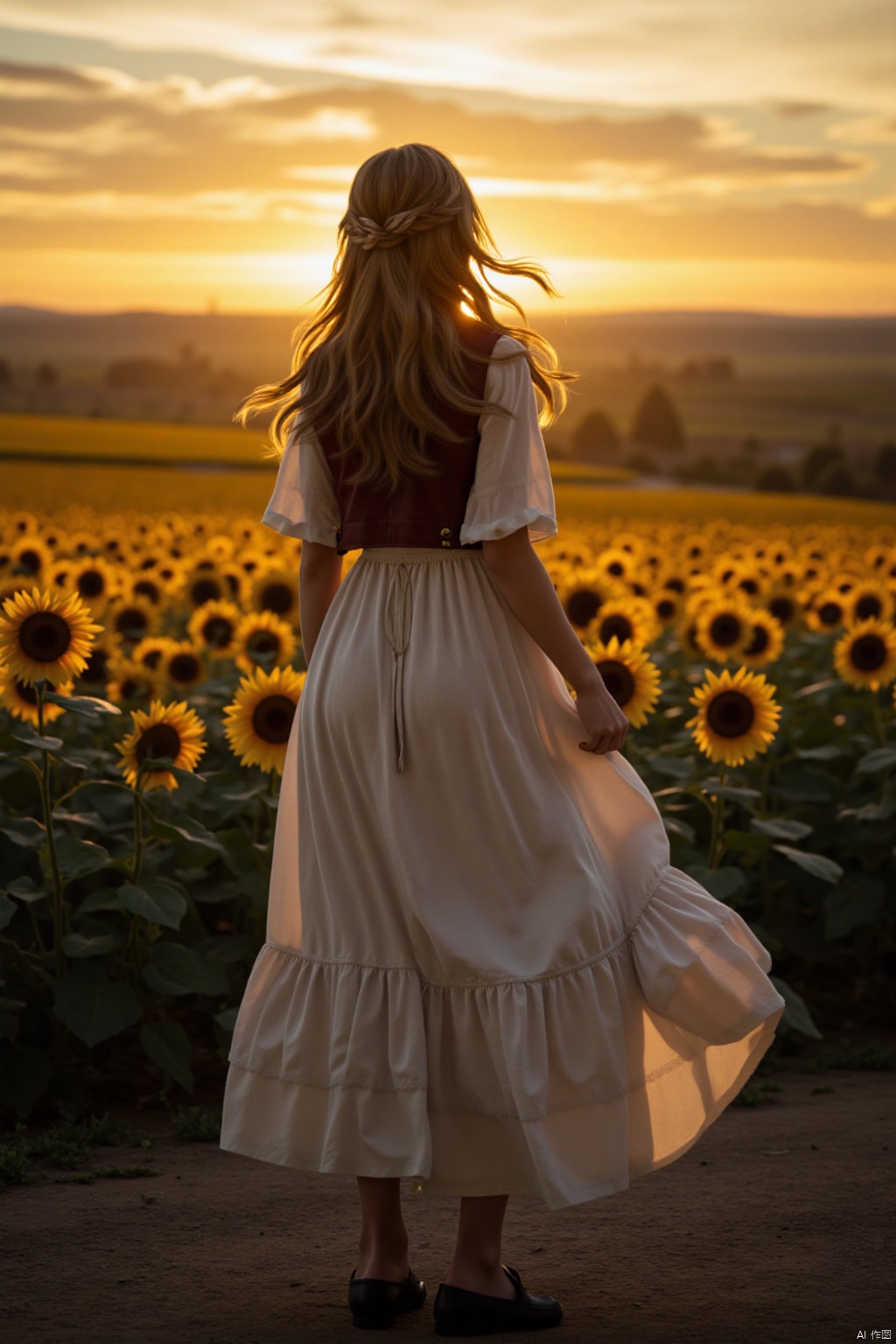 OBbllai, A captivating outdoor photograph of a model with long, flowing hair, wearing a flowing gown, standing on a hilltop overlooking a vast field of sunflowers at sunset. The warm golden light of the setting sun bathes the scene in a magical glow. High resolution, 8k, sunset lighting, hyperrealistic, photorealistic, detailed textures, shallow depth of field, lifestyle photography, advertisement photography, romantic sunset, flowing dress, trending on artstation.,Aerith Gainsborough,