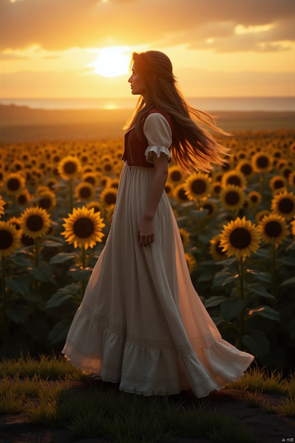 OBbllai, A captivating outdoor photograph of a model with long, flowing hair, wearing a flowing gown, standing on a hilltop overlooking a vast field of sunflowers at sunset. The warm golden light of the setting sun bathes the scene in a magical glow. High resolution, 8k, sunset lighting, hyperrealistic, photorealistic, detailed textures, shallow depth of field, lifestyle photography, advertisement photography, romantic sunset, flowing dress, trending on artstation.,Aerith Gainsborough,
