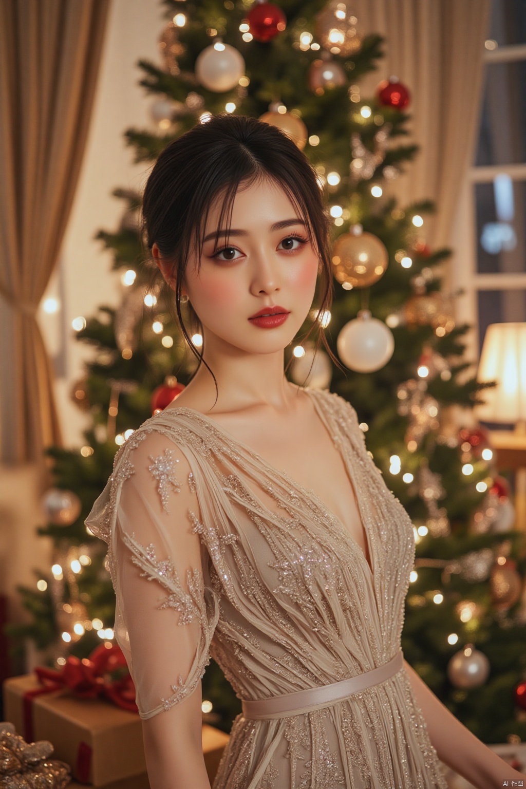 OBbllai, 
A glamorous image of a woman with flawless makeup and elegantly styled hair, wearing a shimmering, sequined Christmas dress, posing gracefully in front of a lavishly decorated Christmas tree. The setting is opulent and luxurious, with sparkling ornaments, expensive gifts, and a feeling of festive extravagance. The overall mood is glamorous and festive, emphasizing the luxurious aspects of Christmas celebrations. High resolution, 8k, soft lighting, hyperrealistic, photorealistic, detailed textures, shallow depth of field, glamorous Christmas, luxurious setting, festive atmosphere, trending on artstation.,HARUKA