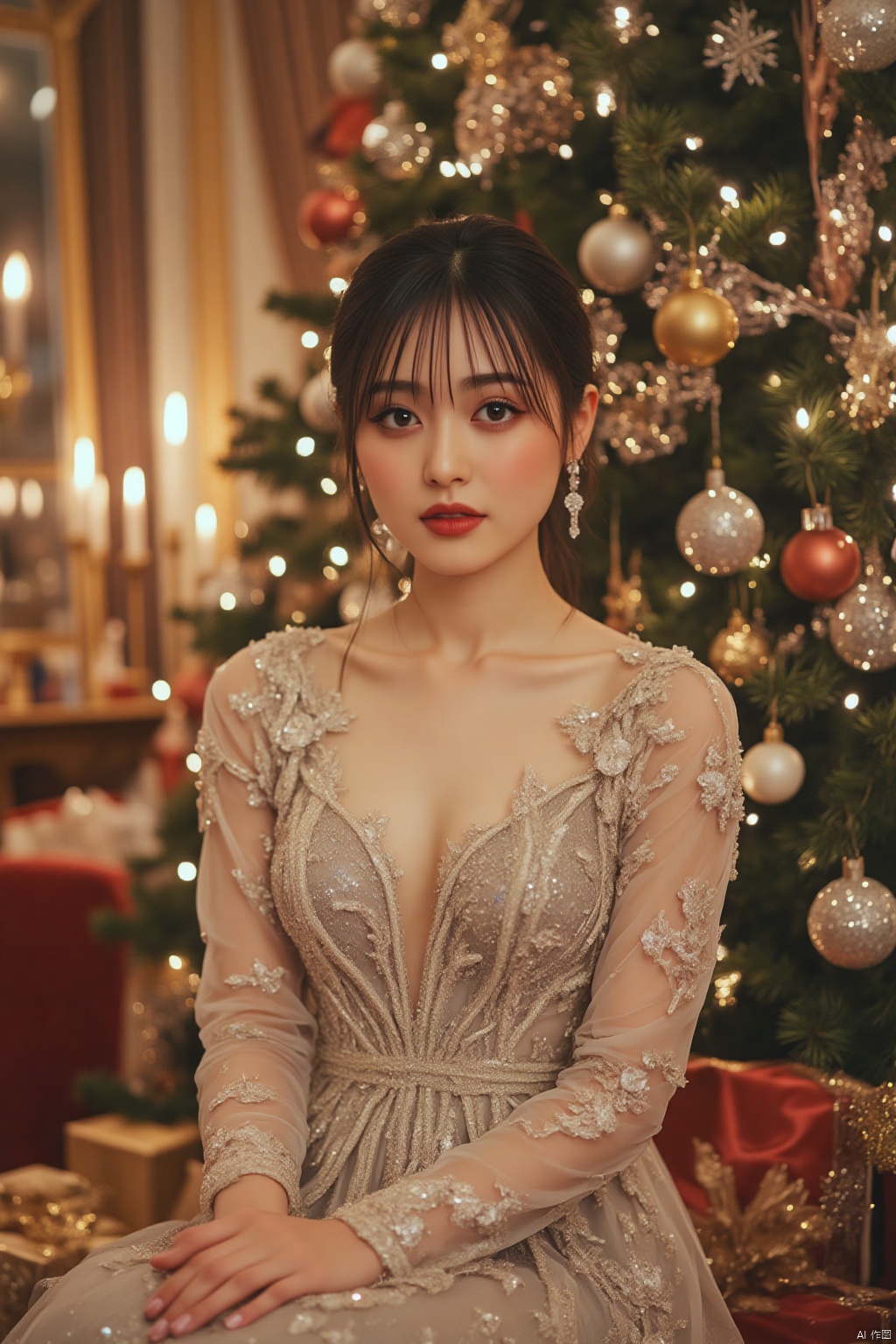 OBbllai, 
A glamorous image of a woman with flawless makeup and elegantly styled hair, wearing a shimmering, sequined Christmas dress, posing gracefully in front of a lavishly decorated Christmas tree. The setting is opulent and luxurious, with sparkling ornaments, expensive gifts, and a feeling of festive extravagance. The overall mood is glamorous and festive, emphasizing the luxurious aspects of Christmas celebrations. High resolution, 8k, soft lighting, hyperrealistic, photorealistic, detailed textures, shallow depth of field, glamorous Christmas, luxurious setting, festive atmosphere, trending on artstation.,HARUKA