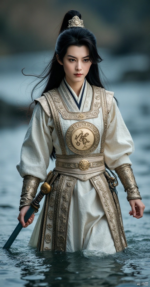 A beautiful Chinese-style girl with long black hair, her eyes are determined, and she holds a long sword in her hand, like a night elf, slowly walking from the water