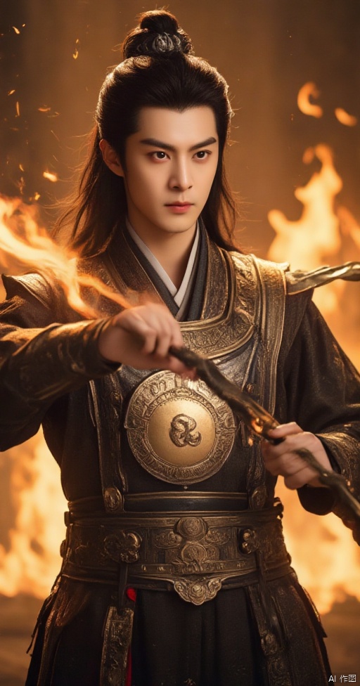 Ancient Chinese young man, wearing ancient armor, burning with flames, a rune composed of golden light is burning, battle scene, movie special effects, epic picture, highest quality, real