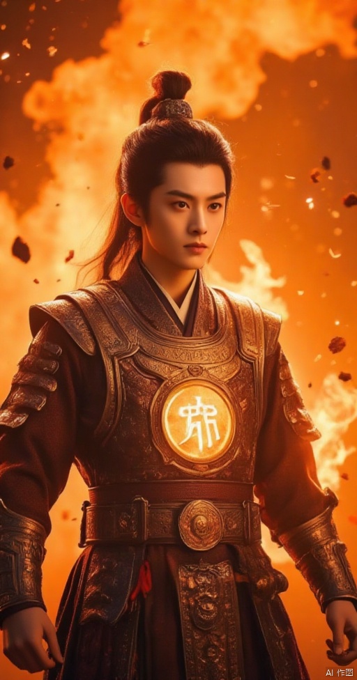 Against a fiery orange-red sky, an ancient Chinese young warrior stands defiantly, clad in intricately adorned armor, as flames engulf his body. A glowing golden rune blazes brightly on his chest, radiating intense light. In the midst of a chaotic battle scene, smoke and debris swirl around him, illuminated by the fiery glow. The air is thick with special effects magic, transporting viewers to an epic, cinematic world of highest quality and realism.