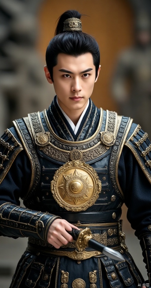 Heroic Portrait: A cinematic shot of a young warrior, clad in ancient Chinese armor, poses proudly against a dramatic backdrop. The framing emphasizes the medal's gleam, suspended from his chest by a thin chain. Soft, warm lighting accentuates the medal's gold hue and the warrior's determined expression. The composition focuses on the medal, emphasizing its significance. The subject stands strong, with one hand resting on the hilt of his sword, ready for battle.