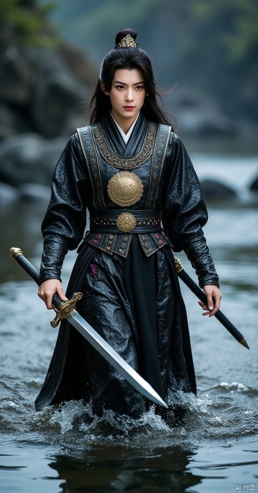A beautiful Chinese-style girl with long black hair, her eyes are determined, and she holds a long sword in her hand, like a night elf, slowly walking from the water