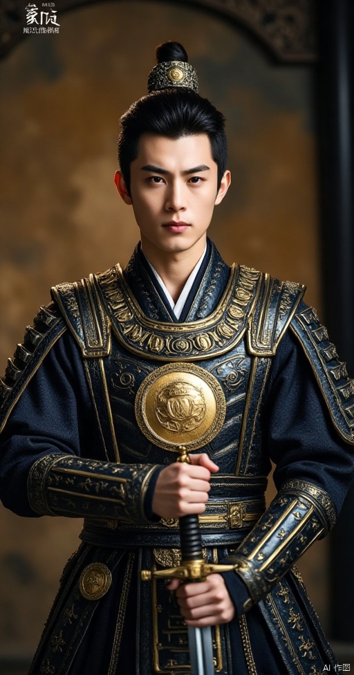 Heroic Portrait: A cinematic shot of a young warrior, clad in ancient Chinese armor, poses proudly against a dramatic backdrop. The framing emphasizes the medal's gleam, suspended from his chest by a thin chain. Soft, warm lighting accentuates the medal's gold hue and the warrior's determined expression. The composition focuses on the medal, emphasizing its significance. The subject stands strong, with one hand resting on the hilt of his sword, ready for battle.