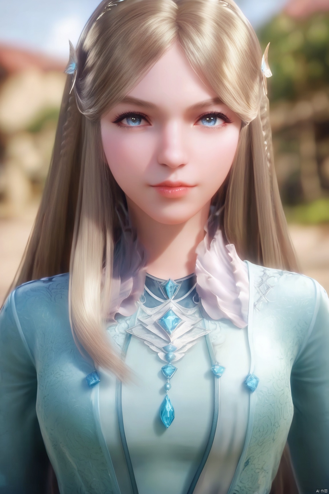 score_9_up,score_8_up,score_7_up,(Masterpiece, Best Quality, Photorealistic, High Resolution, 8K Raw), 
1girl, solo, long hair, looking at viewer, blue eyes, blonde hair, brown hair, hair ornament, dress, upper body, lips