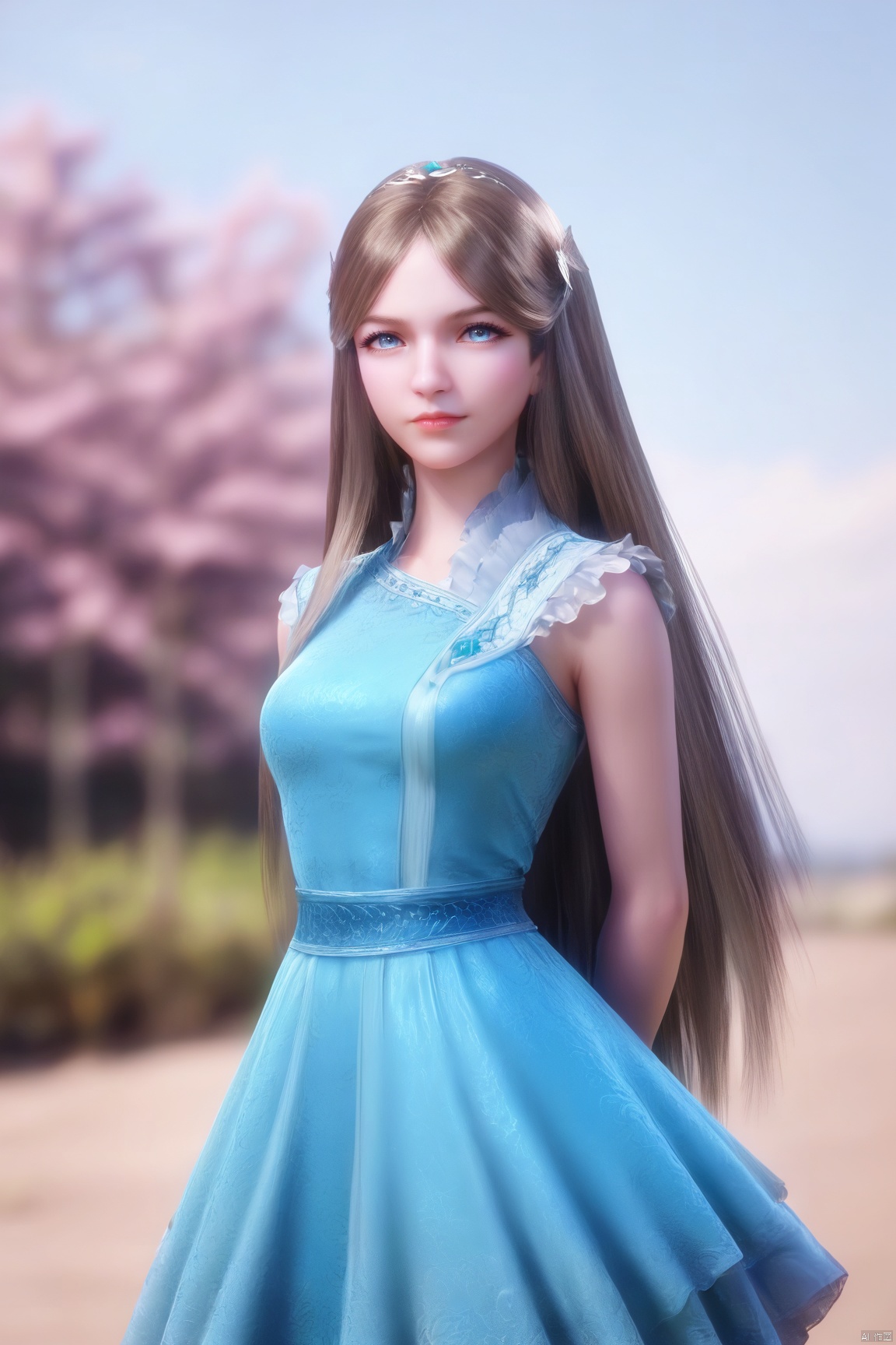 score_9_up,score_8_up,score_7_up,(Masterpiece, Best Quality, Photorealistic, High Resolution, 8K Raw), 
1girl, solo, long hair, looking at viewer, blue eyes, brown hair, hair ornament, dress, standing, blue dress, arms behind back