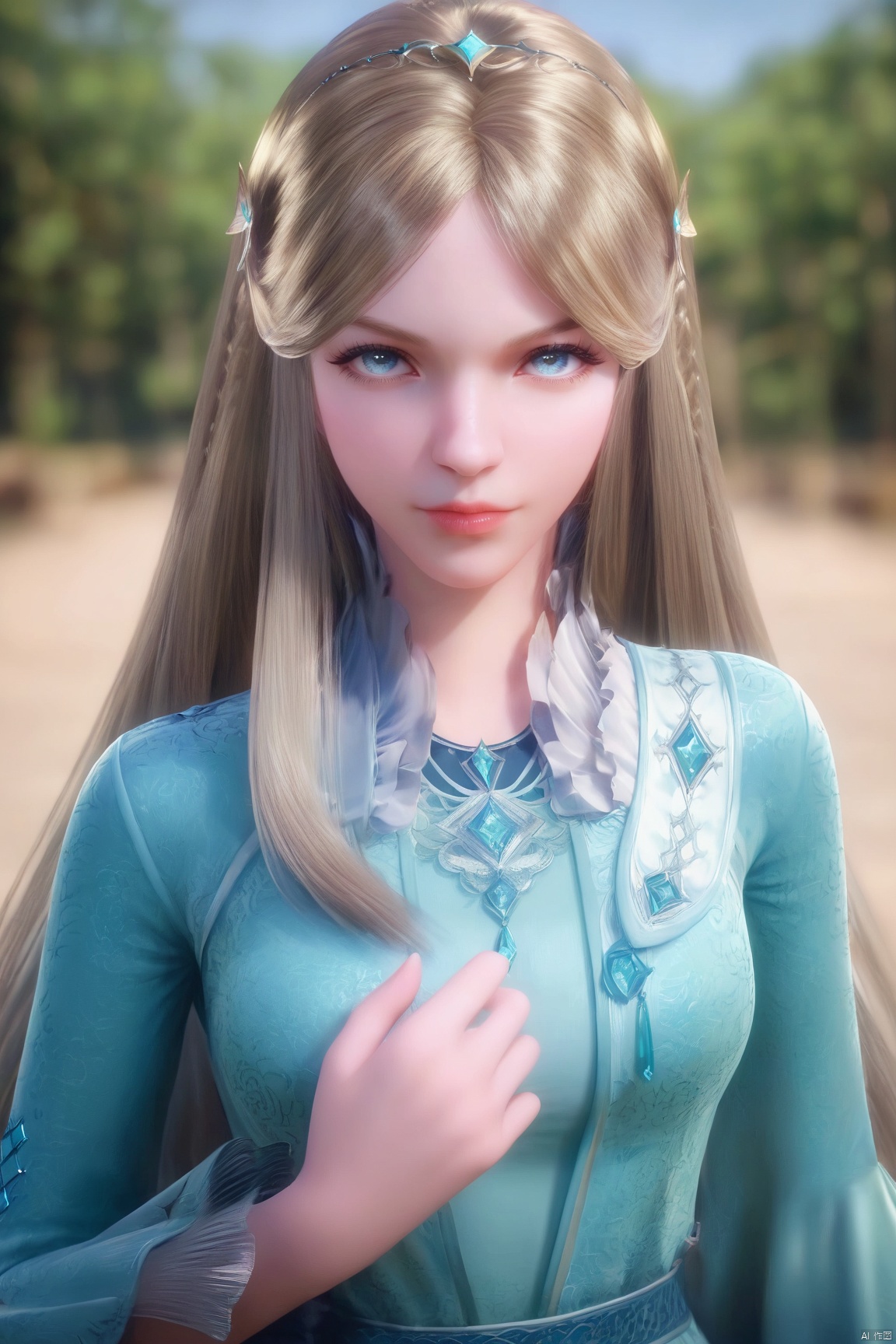 score_9_up,score_8_up,score_7_up,(Masterpiece, Best Quality, Photorealistic, High Resolution, 8K Raw), 
1girl, solo, long hair, looking at viewer, blue eyes, blonde hair, brown hair, hair ornament, dress, upper body, lips,blue dress, green dress