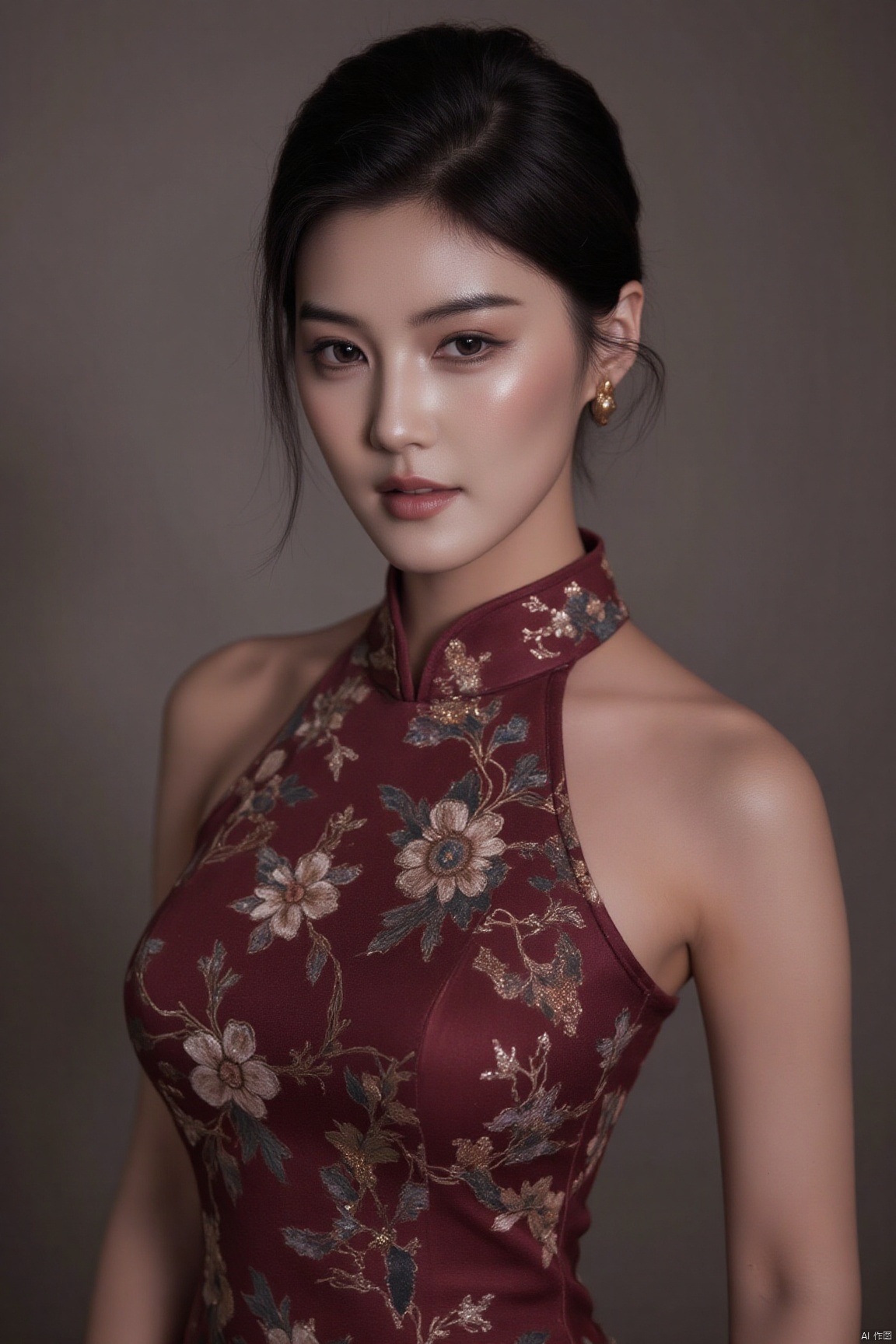 masterpiece,best quality,1girl,Chinese cheongsam,32k,movie level,film grain,real skin,upper body,plns,cher