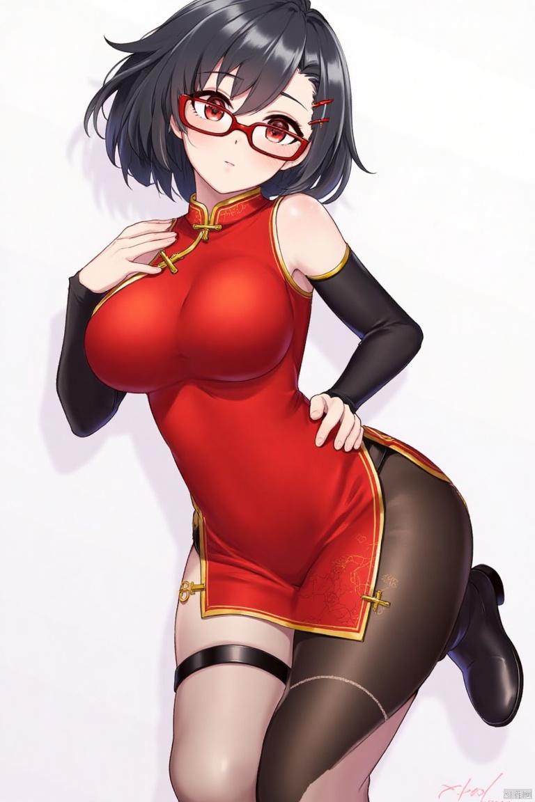 xichun, A girl. 37 point short hair over the shoulder. Black hair. Red cheongsam. Black sleeves. Red glasses. Red eyes.Black stockings. Black long boots. Black safety shorts. big boobs.Details of cheongsam. Clothing details.